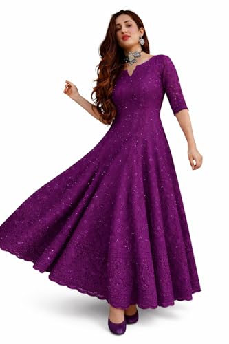 Image of LookMark Women's Chikankari Embroidered Ethnic Gown, Ankle Length Flared Dress, 3 /4 Sleeves, Traditional Indian Wear