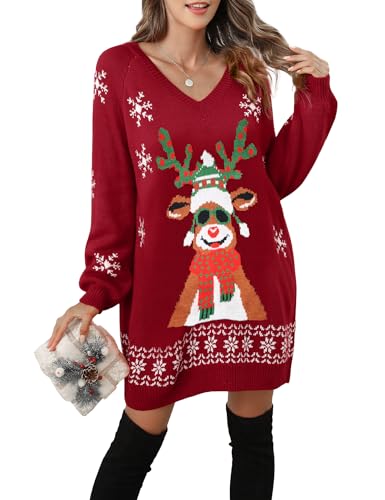 Kocowoo Women's Ugly Christmas V Neck Oversize Sweater Dress Long Sleeve Loose Holiday Knit Xmas Mini Dress.