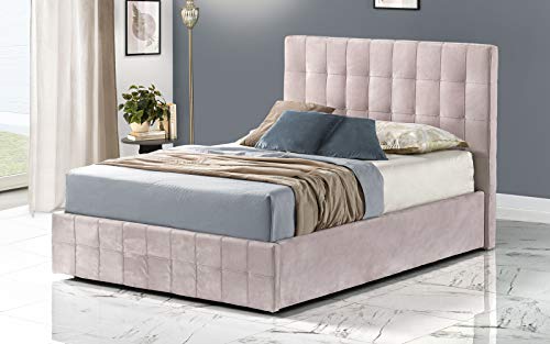 Dafne Italian Design Lit une place et demie conteneur, recouvert de velours rose, sommier orthopédique à lattes en bois 139 x 207 x 114 cm.