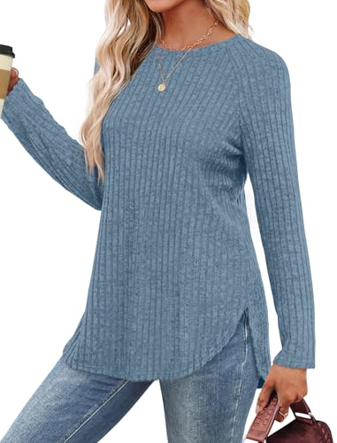 Image of Saloogoe Long Sleeve Shirts for Women 2025 Fall Clothes Tunic Tops Loose Fit Dressy Crewneck Pullover Sweaters Curved Hem