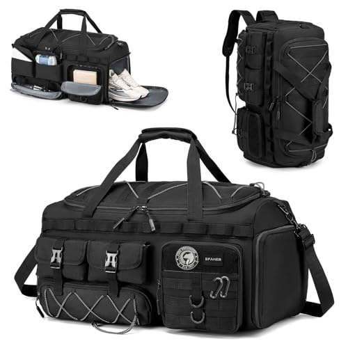 SPAHER 3 in 1 Taktische Sporttasche Groß 60L Reisetasche Herren Damen Sporttaschen mit Rucksackfunktion Handgepäck Gym Tasche mit Schuhfach & Nassfach Sportrucksack für Schwimmen Training Weekender