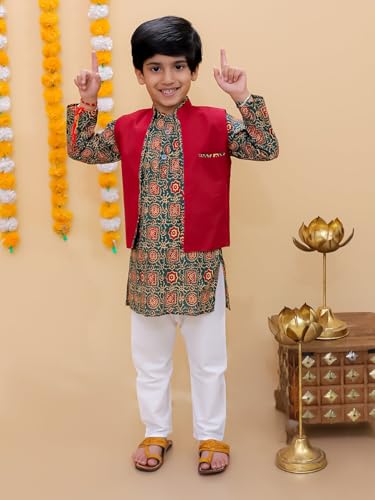 Image of The Mom Store Boys Printed Cotton Kurta Pajama Set With Jacket | Soft And Comfortable Ethnic Wear For Baby /Kids Boys | Full Sleeves Kurta Pyjama Set | Traditional Indian Outfit