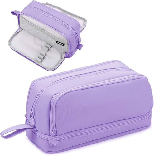 Image of Large Capacity Pencil Case 3 Compartments, Pencil Case with Zipper Portable Handle, Aesthetic Pencil Pouch Stationery Organizer for Office College School Teen Girl Boy (3 Compartments-Purple)
