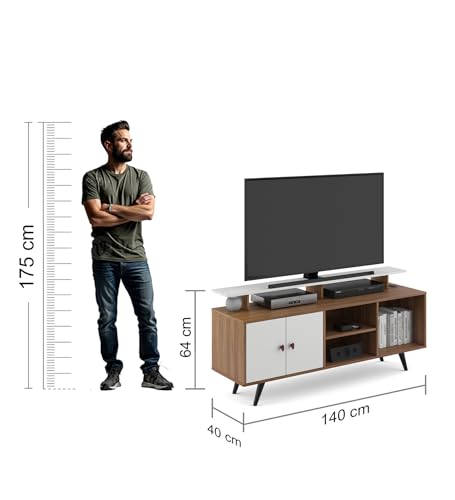 Image of A GLOBIA Creations Fynix TV Unit | Engineered Wood | TV Stand with Storage Cabinets & Open Shelves | Exotic Teak & Frosty White Finish | Knock Down | 36 Months Warranty