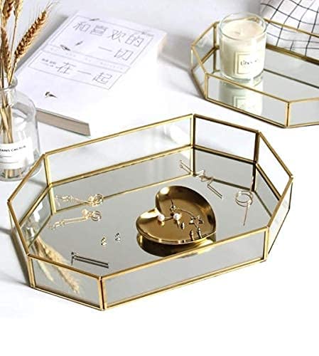 Image of Octagonal Glass Mirror Tray With Brass Rim, Makeup Tray For Decor Jewellery Organiser, Vanity Organiser For Accent Table (10x6x1.5 inches)