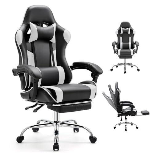 Image of DUMOS Ergonomic Gaming Office Desk Chair with Footrest and Headrest, PU Leather Video Computer Chair with Linkage Armrests, Height Adjustable 360 Swivel Recling, Black White