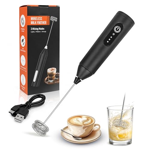 Image of MIKANIX Electric Milk Frother Handheld | Rechargeable Drink Mixer and Coffee Foamer Wand with 3 Speed Modes, Wireless Hand Held Milk Bubble Machine Whisks for Matcha, Latte, Hot Chocolate (Black)