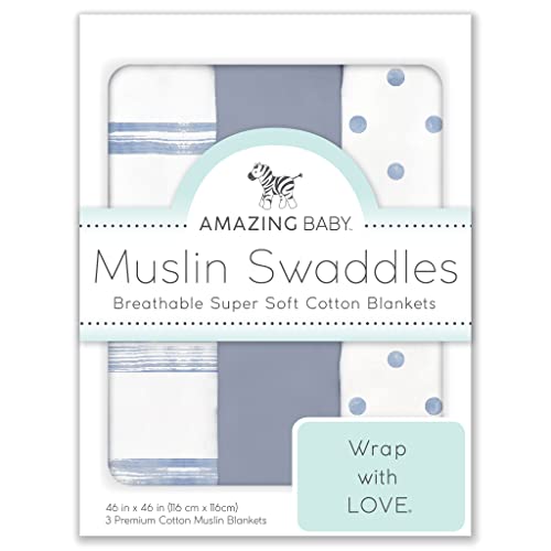 Image of Amazing Baby Cotton Muslin Swaddle Blankets, Set of 3, Watercolor Brushstrokes, Denim, XLarge 46x46 inches