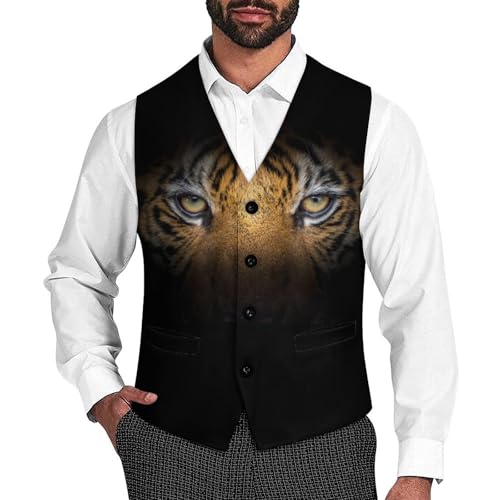 Tiger Face on Black Men's Suit Vest Slim Fit V-Ncek Waistcoat Business Casual Vest