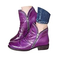 Purple Boots,Ankle Wellies Boots for Women Comfy Round Toe Side Zipper Winter Ankle Boot,Vintage Leather Casual Dressy Shoes Comfy Boot Flats Heels Zip Military Biker Booties Shoes