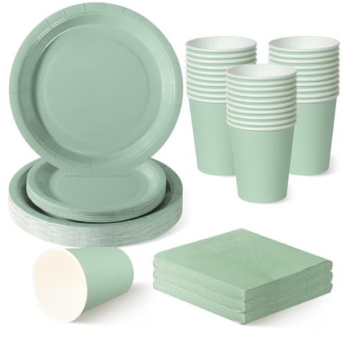 ZblPyro Verde Salvia vajilla cumpleaños para 30 invitados con platos carton redondos 23cm y 18cm, vasos de papel y servilletas. Ideal para bodas boho y jardín.