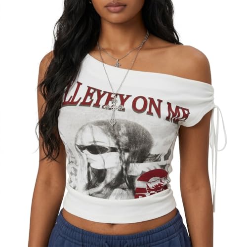 Image of ICW Women's Graphic Print Ruched Side-Tie with Bra Pads Off-Shoulder Vintage Streetwear Sleeveless Cami Crop Top Dn5152