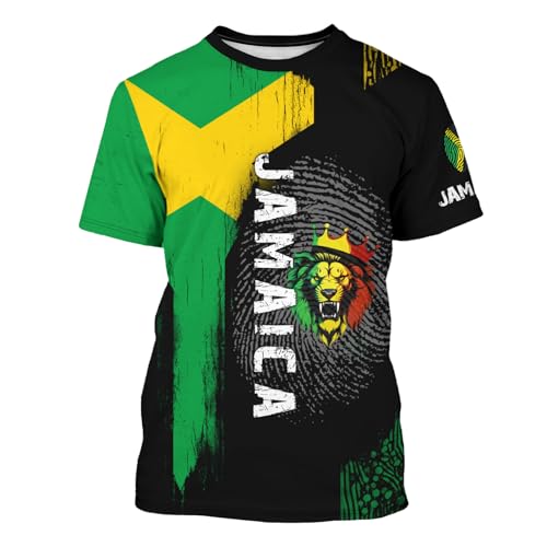 Men's Jamaican Flag T-Shirt Lion Print Short Sleeve Shirt Novelty Round Neck Top Jamaican Tee Unisex