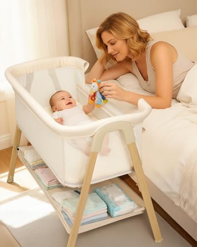 Image of JevrJeur Baby Bassinet, Bedside Bassinet for Baby, Bassinet Bedside Sleeper with Mattress, Storage Basket and 4 Auto-Lock Wheels, Full-Mesh Sides, Bedside Mini Crib for Newborn (Beige)