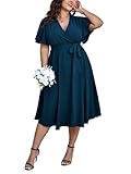 SCOMCHIC Womens Plus Size Wedding Guest Cocktail Midi Dress Summer Short Sleeve Wrap V Neck Belted A-Line Flowy Dress Lakeblue