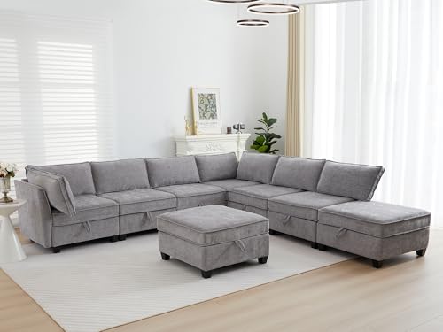 Image of ORRD Oversize Corner Modular Sectional Sofa Set, Convertible L Shaped Couch with Storage, 8 Seater Sofa Modular with Ottomans and Reversible Chaise for Living Room, Office (Grey)