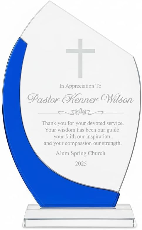 Personalized Pastor Appreciation Crystal Awards, Engraved Pastor Plaque for Minister - Christian Gifts, Church Appreciation Gifts, Glass Trophy