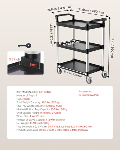 VEVOR-Utility-Cart-300-lbs-Load-Capacity-3-Tier-Utility-Plastic-Cart-with-360-Swivel-Wheels-2-with-Brakes-244-x-161-inch-Food-Service-Cart-for-Warehouse-Office-Home-Restaurant-Kitchen-Utility-Cart-Equ