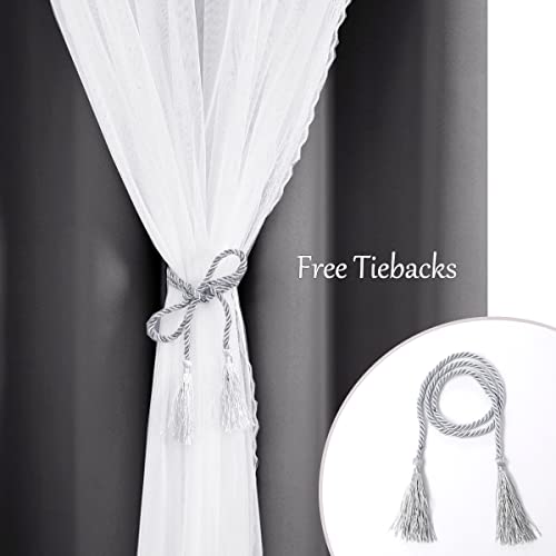 Image of Dark Grey Blackout Curtains 96 Inch Length with White Sheer Voile - Double Layered Mix and Match Nursery Grommet Curtains for Living Room,52 by 96 in, 2 Pieces