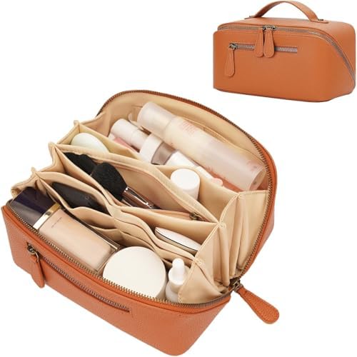 Travel Makeup Bag Large Capacity Cosmetic Bags for Women Waterproof Make up Organizer Toiletry Bag Open Flat Portable with Divider with Handle Pouch (3L Brown)