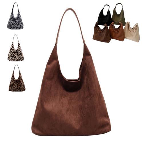 KURTIK Bolso de mano de leopardo para mujer, bolso de mano de gamuza para mujer, elegante bolso de trabajo de gran capacidad, bolso de asa superior retro holgado Hobo (Talla única,Café)