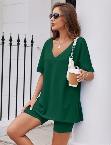 Image of Ekouaer Womens Pajamas 2 Piece Lounge Sets Oversized V Neck T-Shirts Tops Biker Shorts Set Workout Reversible Tracksuit S-XXL