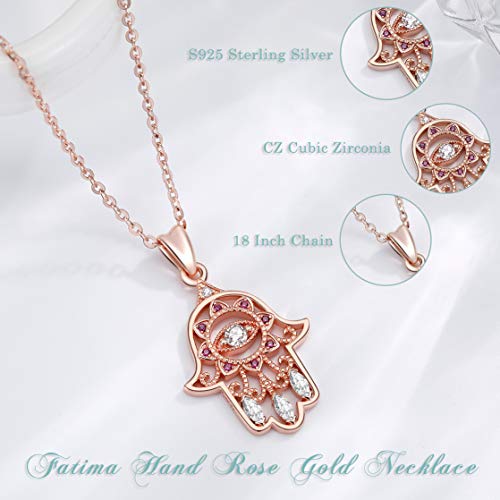 EUDORA Sterling Silver Hamsa Necklace Good Luck Vintage Fatima Hand Evil Eye Pendant, 18" Chain (Rose Gold)2