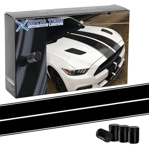 x xotic tech Black Double-Dual Sport Racing Vinyl Stripe Graphics Hood Roof Trunk Bumper Decal Sticker, Compatible with Ford Mustang 2015-2023 with 4 Tire Valve Stem Cover Caps Cover