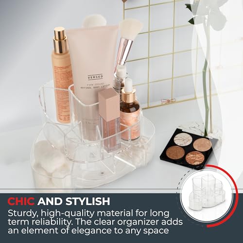 Image of Masirs 360-Degree Rotating Makeup Organizer - Small Acrylic Cosmetic Storage Caddy with 5 Compartments, Mini Lazy Susan Vanity Organizer for Bathroom Counter, Skincare, Perfume, Brushes, Clear