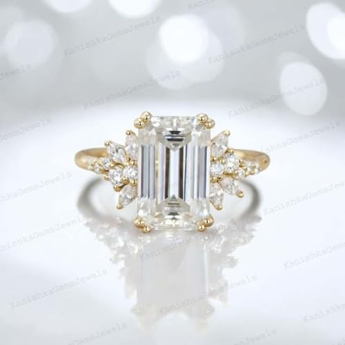 1.50 Carat Emerald Cut Moissanite Engagement Ring Handcrafted Cluster Ring in 14K Rose Gold Statement Jewelry for Women 4th of July Surprise Gift for Wife2