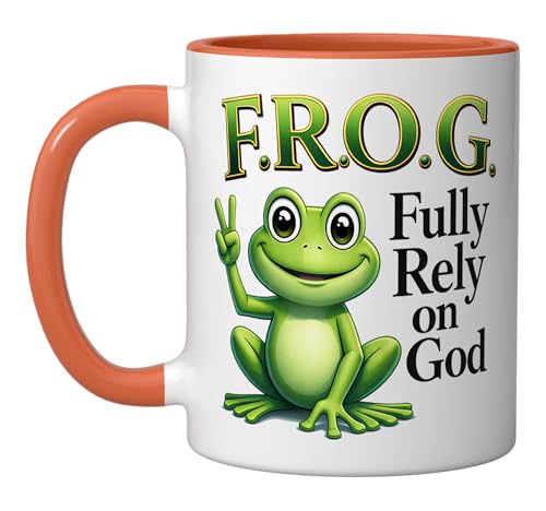 F.R.O.G. Fully Rely on God Christian Frog Ceramic Mug, Orange/White