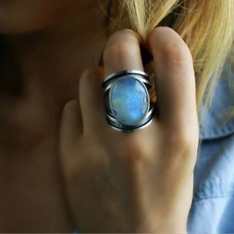 XJruixi Anillo de Piedra Lunar Ovalada Grande tibetana Antigua, Anillos de ópalo de Fuego de Cristal curativo Indio de Gran tamaño para Mujer, joyería Vintage, 1 Pieza, tamaño 6-10