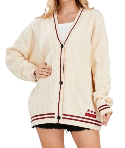loveimgs Women's Cardigan Open Front Stars Embroideried Cable Knit Sweaters Button Down V Neck Sweater (XX-Large, Khaki)