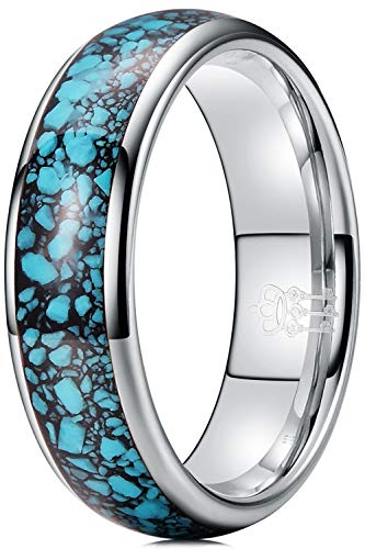 THREE KEYS JEWELRY Men Women Wedding Bands 6mm Tungsten Viking Carbide Turquoise Granules Ring with Jewels Flat Polished Infinity Unique for Her Silver Size 12.5