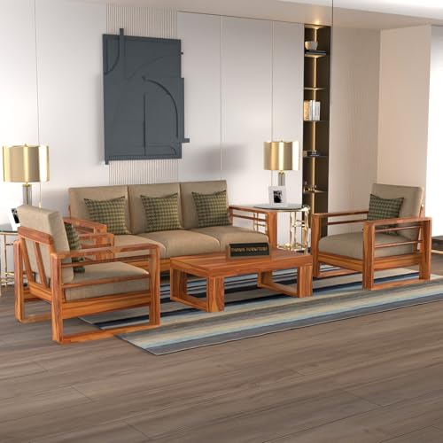 Image of Solid Sheesham Wood 5 Seater Sofa Set | (3+1+1) Five Person Sofa for Living Room | Stylish & Durable 5 Seater Sofa for Office & Home Furniture (Selen Honey, 5 Seater)