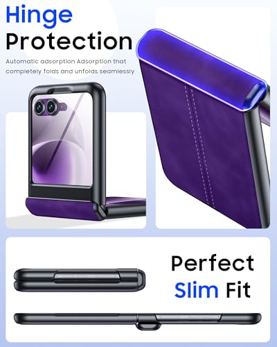 Image of for Motorola Razr 2026 Case with Hinge Protection & Built-in Outer Screen Protector, Ultra-Thin PU Leather Matte PC Shockproof Cover, Slim Protective Phone Case for Moto Razr 2026-Purple