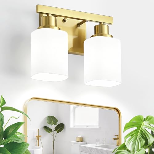 Image of 2 Light Gold Bathroom Light Fixtures,Brushed Gold Vanity Light with Clear Glass,Gold Bathroom Vanity Lights Over Mirror,Wall Sconces for Living Room,Bedroom,Hallway(E26 Base)