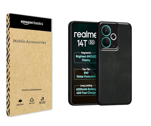 Image of amazon basics Back Cover for Realme 14T 5G | Ultra Slim Soft Rubberised Case | Oil Feel Soft Leather Back | Camera Protection - Black