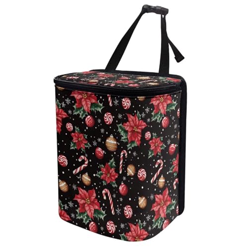 Image of Talayituse Christmas Flower Candy Bulb Snowflake Print Car Trash Can with Adjustable Straps, Car Trash Bag Bin Car Garbage Bag Multipurpose Storage Box for Vehicle Travel Camping Picnicing