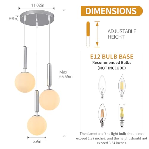 Image of Modern Chrome Pendant Light Hanging Fixture Light for Kitchen Island Mid Century with Globe Pendant Light Milk White Glass Pendant Lighting for Living Room Bedroom Entryway (3 Lights)