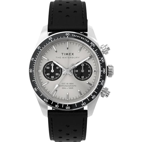 Image of TIMEX Waterbury Heritage Analog Silver Round Dial & Black Leather Strap Band Water Resistant Men's Wrist Watch - TW2Y19300IK