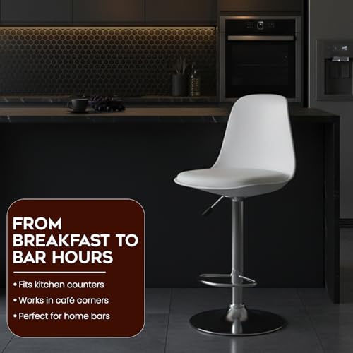 Image of DIYA Seating Solutions 360 Revolving Adjustable Height Bar Stool Chair with Chrome Metal Base | 1 Year Warranty | Leatherette Upholstery | Stable Stool for Office, Cafe, Restaurant- White (Pack of 4)