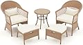 AVAWING 5 Pieces Patio Furniture Set, Outdoor Rattan Chairs with Round Glass Coffee Table, Ottomans & Soft Cushions, Wicker Conversation Bistro Set for Garden, Deck, Balcony, Poolside(Beige)