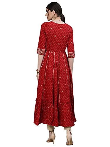 Image of Ishin Women's Cotton Regular Fit Anarkali Embellished Zari Embellished Print Red Kurti