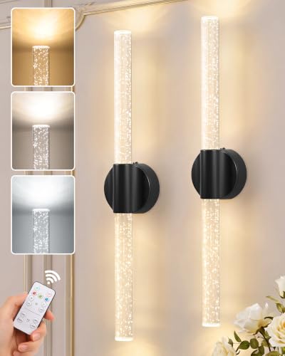 Image of Black Battery Operated Wall Sconces Set of 2 Peel and Stick on, 20.9 inch