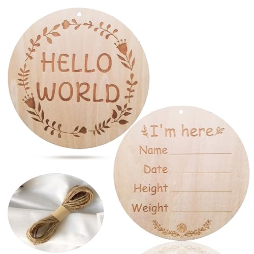5.9 Inch Wooden Hello, World Baby Signs, Hangable Baby Announcement Sign, Baby Name Signs for Hospital Records, Nursery Decor, Birth Information Memorials, Baby Shooting Props