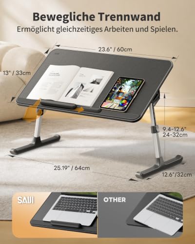 Image of SAIJI Non-Slip Leather Lap Desk Laptop Bed Tray Table, Laptop Stand for Bed | Height & Tilt Adjustable Foldable, Portable Lightweight Bed Table for Writing Eating Reading on Sofa Floor Black 60 * 33cm