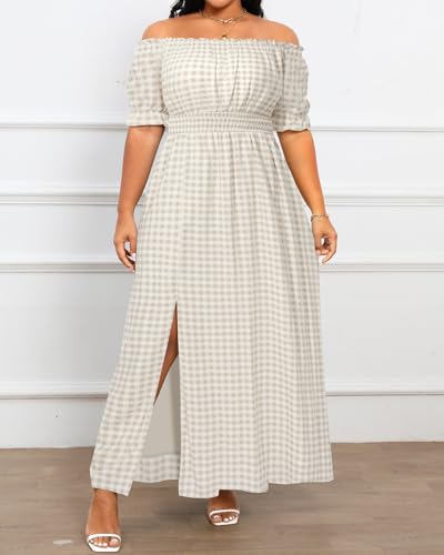 Image of Holipick Women's Off The Shoulder Boho Dress Plus Size Floral Smocked Waist Split Summer Maxi Sundress with Pockets