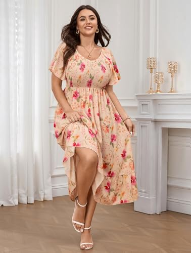 Image of SCOMCHIC Women's Plus Size Summer Dress Casual Short Sleeve Scoop Neck Maxi Dress Smocked Ruffle Boho Flowy Long Dresses