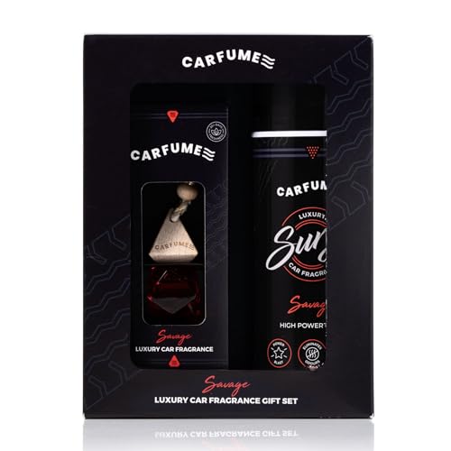 Carfume Savage Car Air Freshener Gift Set | Original Collection | Fresh Bergamot & Woody Ambergris Fragrance - Hanging Diffuser & Surge Can - Luxury Red Car Accessory Gift For Men